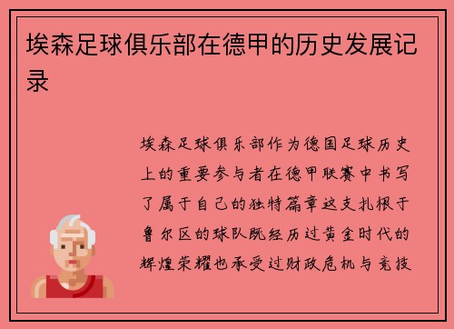 埃森足球俱乐部在德甲的历史发展记录