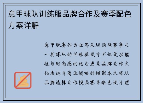 意甲球队训练服品牌合作及赛季配色方案详解