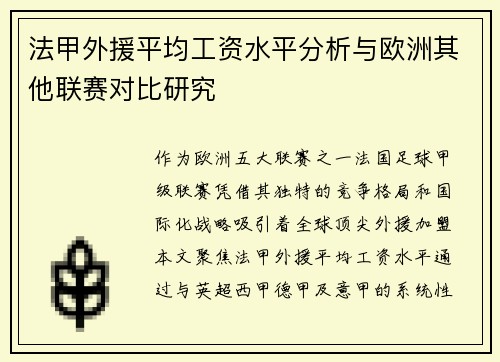 法甲外援平均工资水平分析与欧洲其他联赛对比研究