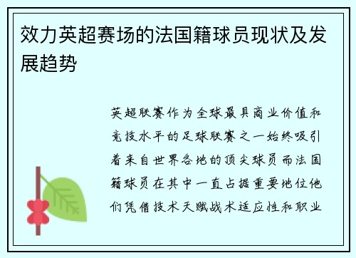 效力英超赛场的法国籍球员现状及发展趋势